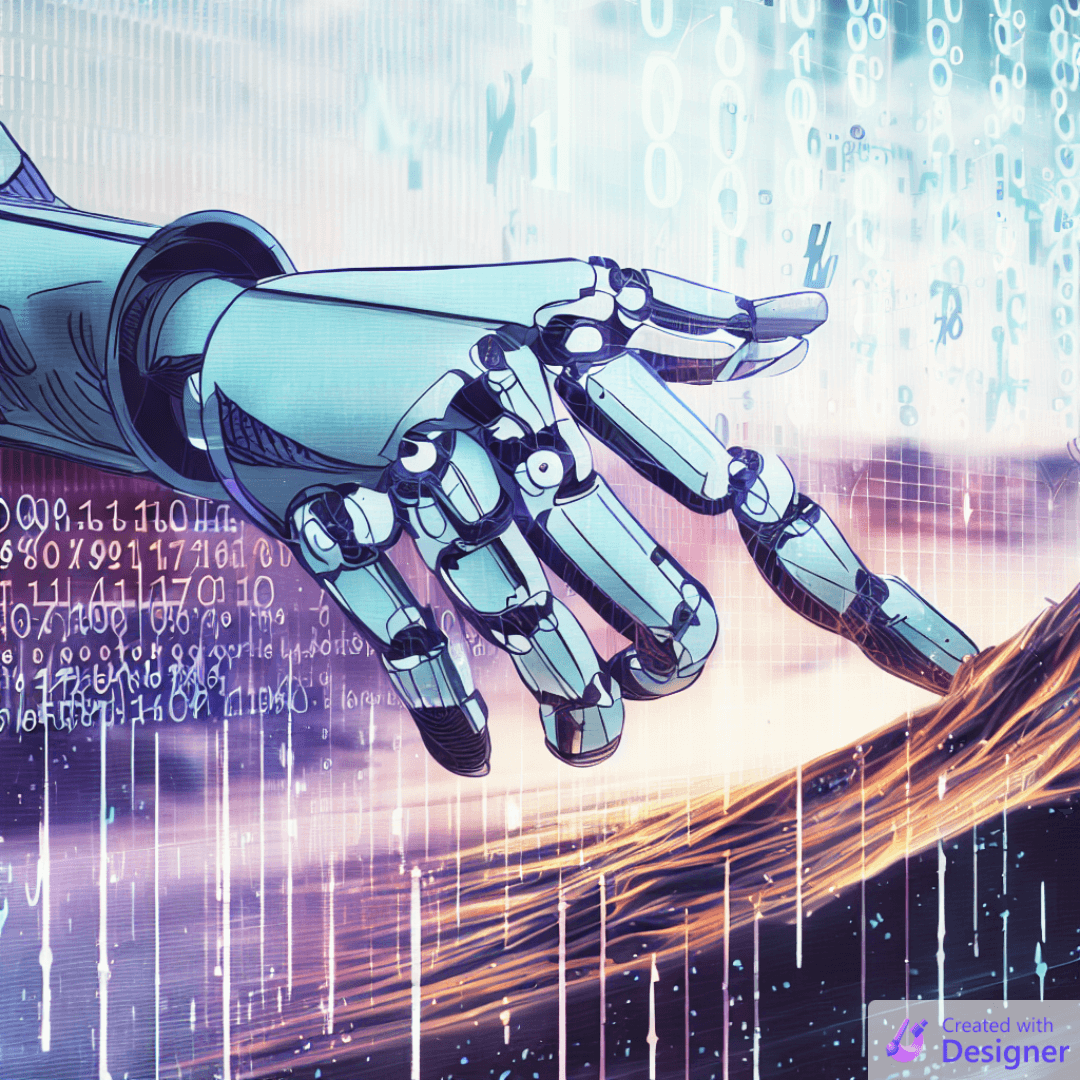 Picture this: an illustration of an AI robot in the center of the frame, its mechanical hand extended towards a stream of flowing data. The data particles, depicting numbers and letters, are being drawn towards the robot. To its side, a graph that shows a sharp upward trend, signifying the growth in website traffic. The backdrop is a depiction of a vast digital landscape with abstract representations of websites and servers. The illustration perfectly encapsulates the blog post's main themes of AI web scraping and its impact on website traffic growth.