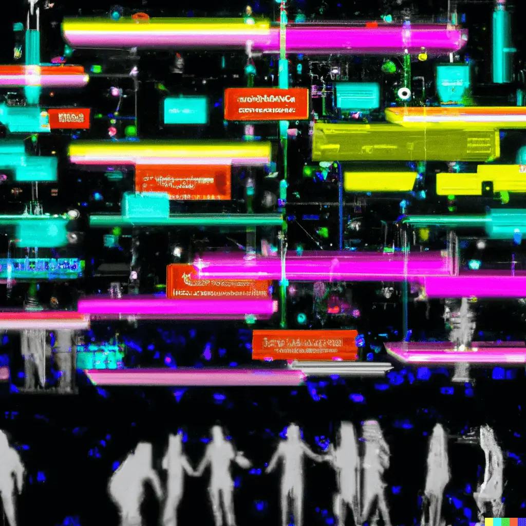 A digitally-rendered artwork of luminous, neon-lit holographic projections of canonical URLs and SEO symbols. They surround a diverse group of people engaged in a journey of understanding and implementing self-referencing canonical URLs. The futuristic setting captures the innovative essence of the blog post themes. Subjects interact with the holograms, highlighting key concepts from the post.