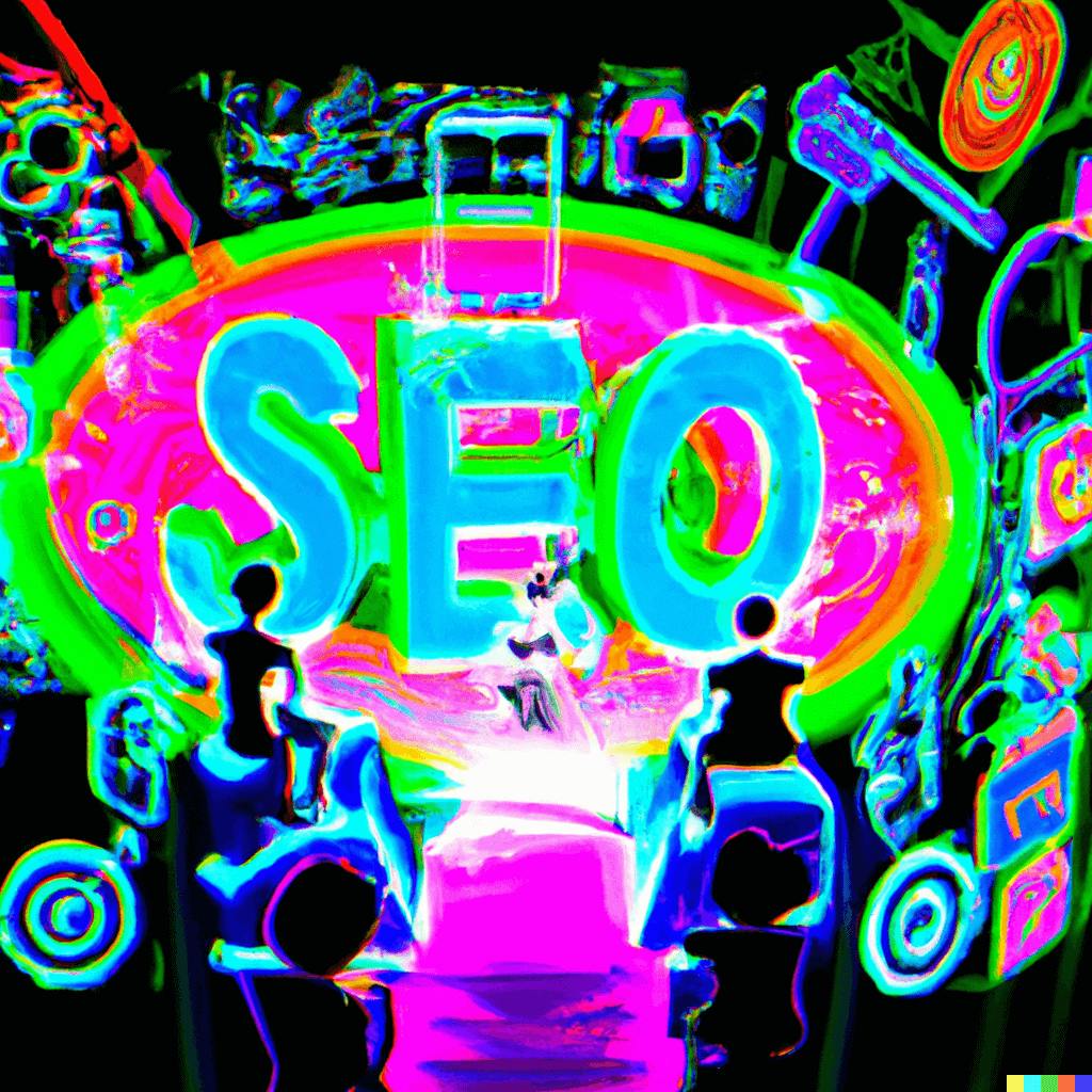 A digitally-rendered artwork of neon-lit holographic projections symbolizing canonical URLs and SEO. Around an ensemble of diverse people, these luminous symbols depict principles of search engine crawling, indexing, and ranking, creating a collective journey of understanding and knowledge enhancement.