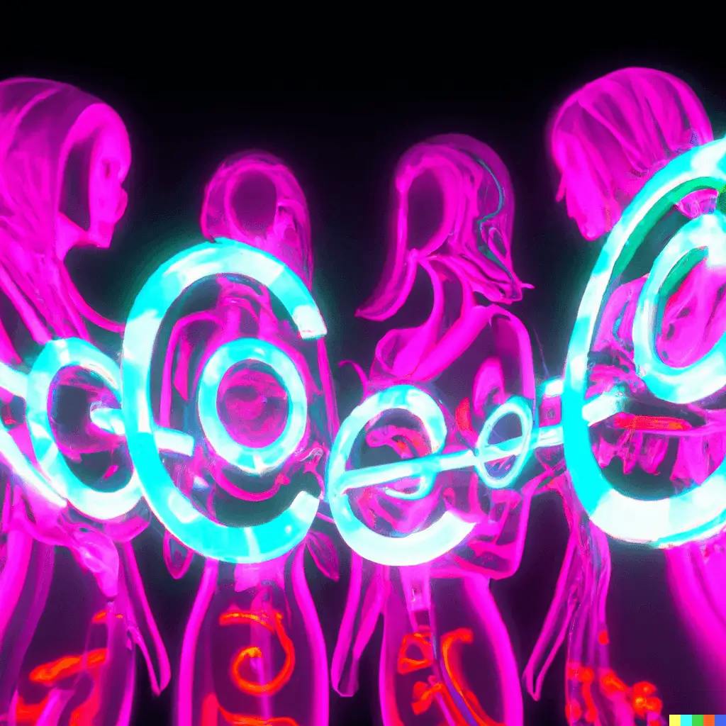 A digitally-rendered artwork, heavily influenced by futuristic themes, depicts canonical URLs as glowing, neon-lit holographic symbols. Around this imagery, a diverse group of individuals engages in learning and interaction, symbolizing a journey of understanding and mastery of canonical URLs in WordPress. The scene captures the essence of optimization, collaboration, and technological advancement.
