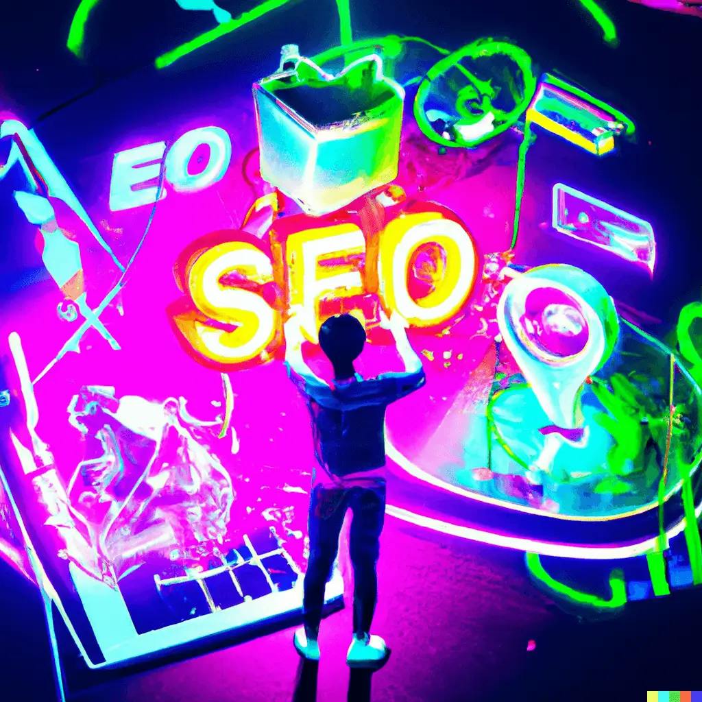 A digitally-rendered artwork of neon-lit holographic projections, illustrating SEO concepts. Diverse people are engaged in a voyage of enlightenment and knowledge acquisition, surrounded by abstract symbols representing key themes from the blog post on writing SEO-friendly site descriptions.