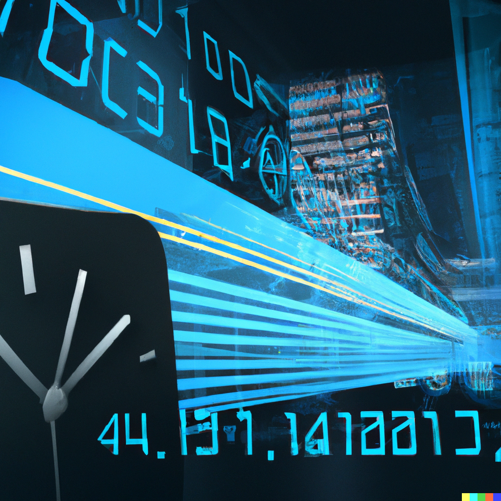 Close-up view of a digital clock, symbolizing website load time, blended into the background of a sprawling digital cityscape, indicative of the interconnectedness of websites. Light trails, representing canonical URL pathways, emerge from the clock, weaving through the city, simultaneously denoting the impact of these URLs on load time and the seamless user experience they create when properly implemented.