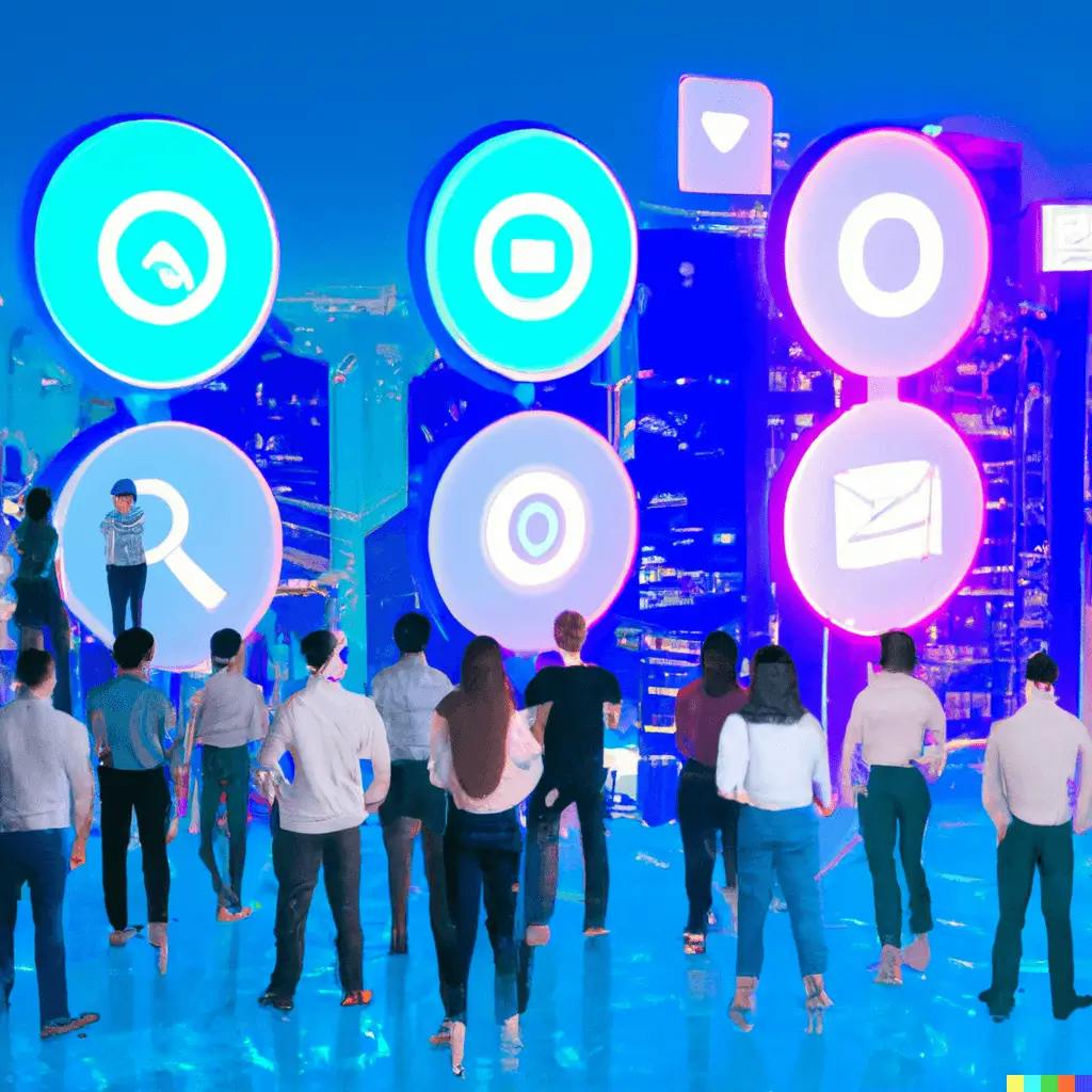 In a futuristic cityscape, a diverse group of people stand encircling holographic symbols, representing SEO best practices. They appear engrossed in the knowledge emanating from the luminous projections, highlighting the significance of webpage title lengths, keywords, and user engagement in their SEO voyage. Neon-lit representations of a webpage, ruler, and a search engine results page symbolize core themes of the blog.