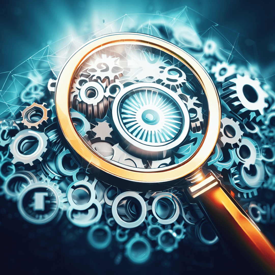 An abstract representation of a magnifying glass hovering over a cluster of keywords, symbolizing the process of keyword research. The magnifying glass is surrounded by various SEO tools, depicted as gears and cogs, working in harmony to refine the keyword selection. This image encapsulates the blog post's theme of utilizing SEO tools to supercharge keyword research and optimize website content.