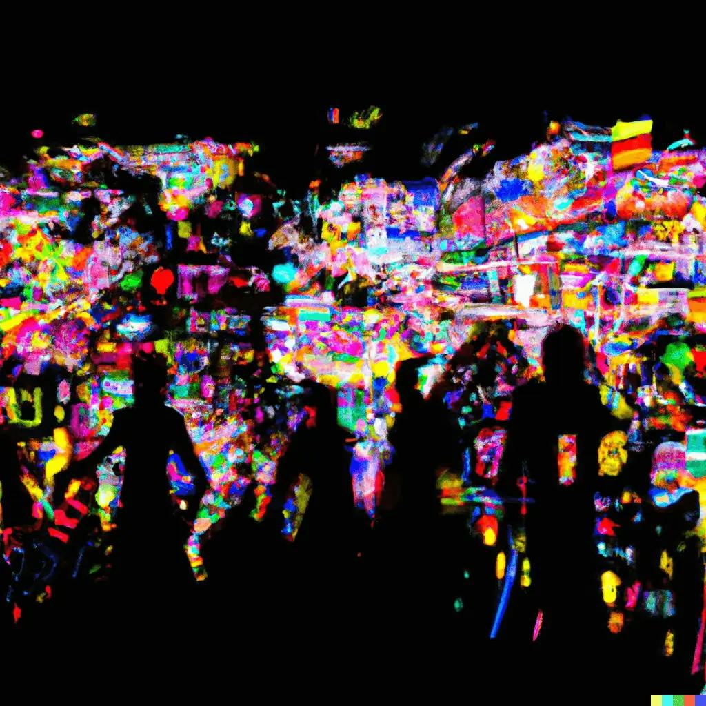 A digitally-rendered artwork, where luminous neon-lit holographic projections of global flags and language symbols surround diverse individuals, collectively engaged in the journey of learning, discovering, and sharing multilingual content strategies. The core concepts of international SEO and multilingual marketing take form as colorful, glowing elements, representing the convergence of cultures and communication.