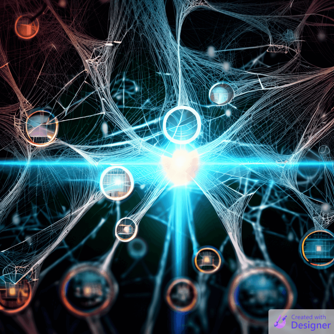 An intricate web structure with various points of interest highlighted in a light beam, symbolizing search engine's ability to scan through metadata and understand a website's content. The structure is set against a backdrop of binary codes, indicating the digital realm where this activity takes place.