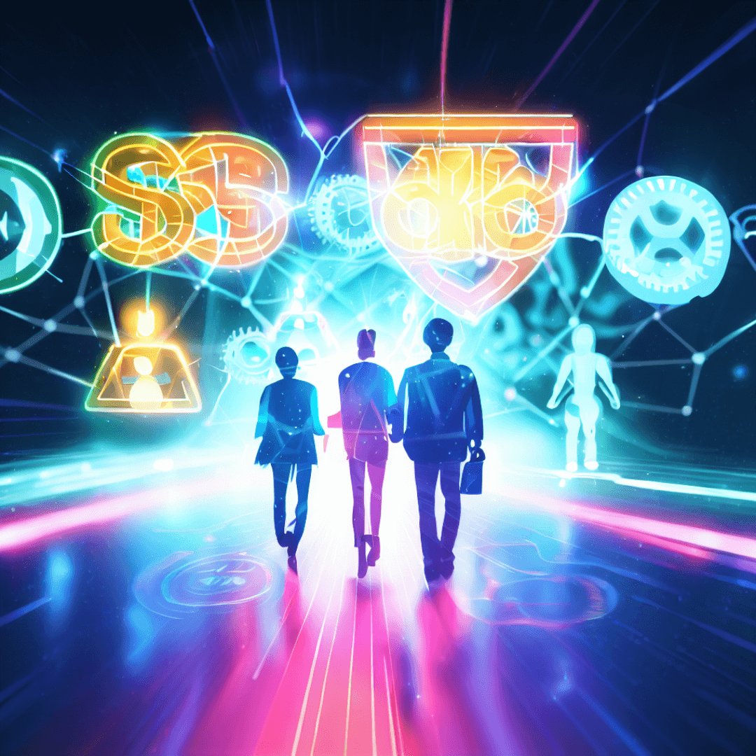 A group of people embarked on a knowledge journey, surrounded by radiant neon projections of SEO symbols like keywords, backlinks, and graphs. The futuristic artwork conveys the power and potential of SEO tools as an integral part of digital strategy.