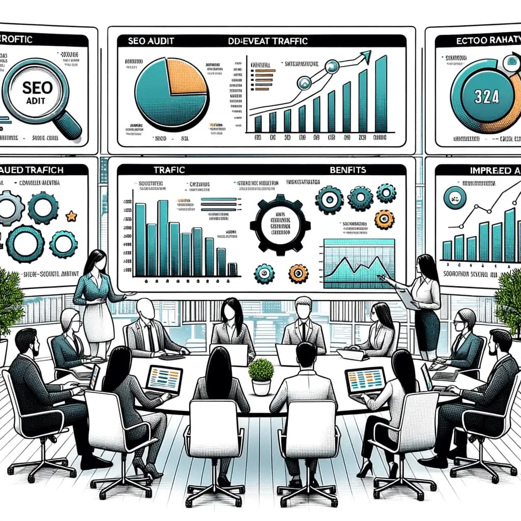 A detailed infographic showcasing the functionalities and benefits of Scale Sleek's SEO audit tool. Diverse individuals interact with the tool's features, emphasizing its user-friendliness and comprehensive nature.