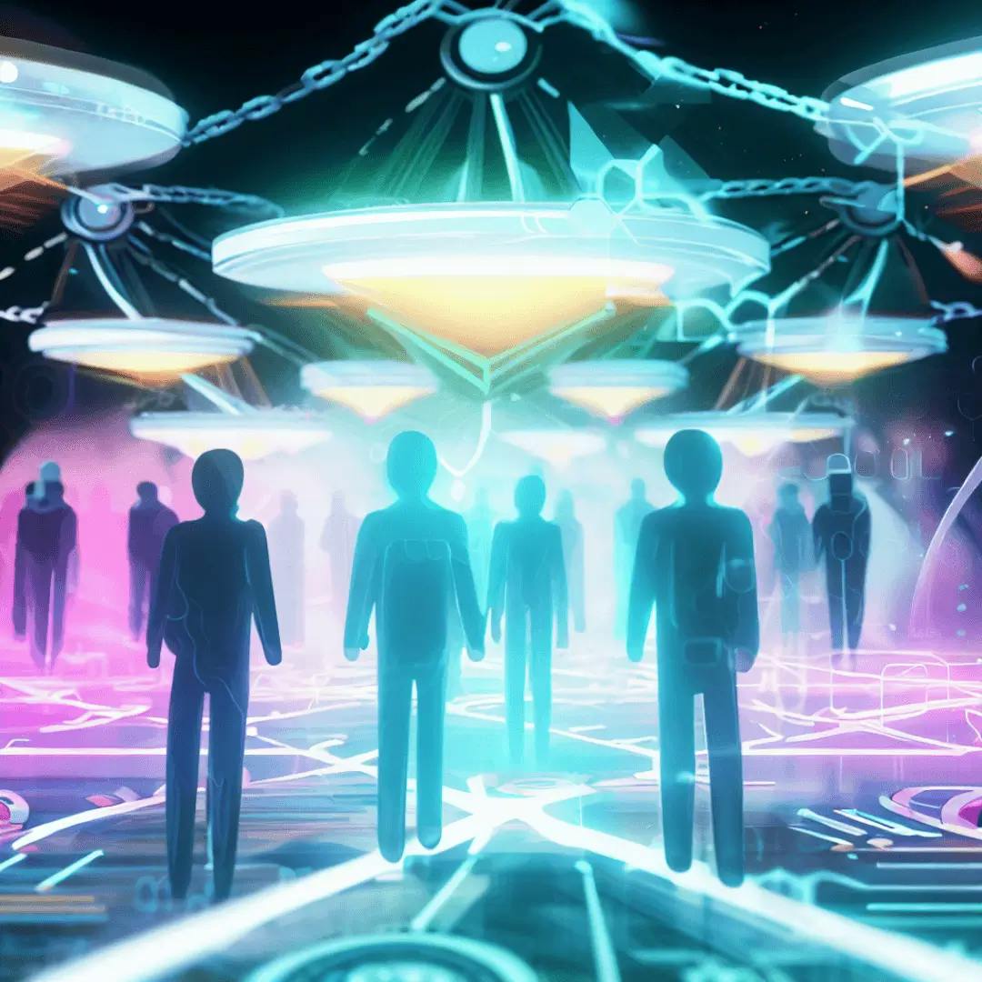 A futuristic, digitally-rendered image showing a diverse group of people on a journey of knowledge, surrounded by neon holographic projections. These abstract symbols represent the principles of SEO, backlinks, and canonical URLs, showing the importance of these concepts in their voyage of enlightenment.