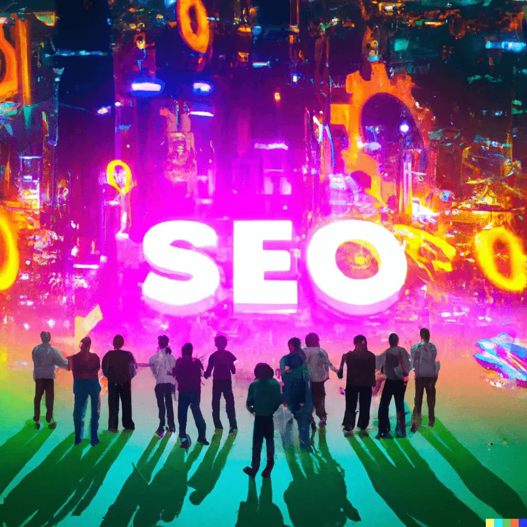 A futuristic digital landscape representing the concepts of SEO and canonical URLs as radiant, neon-hued holograms. Around them, a diverse group of individuals is seen, symbolizing varied perspectives on digital marketing. Their collective journey into the realm of SEO is depicted through a vibrant array of symbols and abstract forms, each highlighting the key aspects of dealing with duplicate content and harnessing the power of canonical URLs.