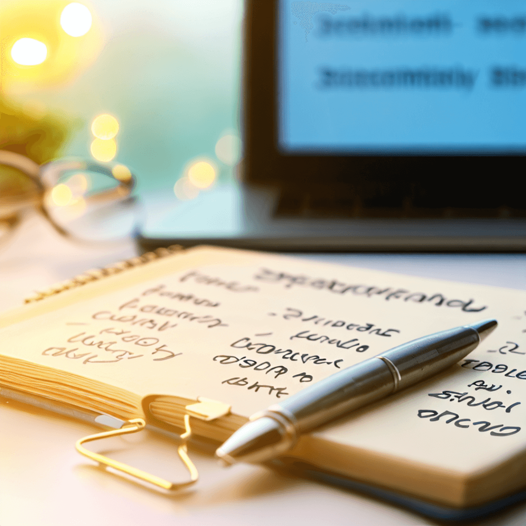 A bright desk scene capturing the essence of SEO-friendly webpage title crafting. On the desk, a notebook lies open with a neatly written checklist highlighting the blog post's key themes - 'Specific', 'Keyword-rich', 'Descriptive', 'User-friendly', and 'Readability'. The pen next to it suggests the continuous process of learning and implementing SEO strategies. In the background, a softly glowing screen shows a search engine results page, embodying the ultimate goal of improved visibility and higher rankings.