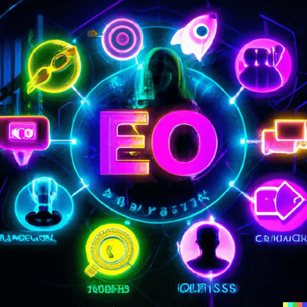 A vibrant digital artwork portrays neon-lit, holographic icons representing SEO tools, keywords, and optimization techniques. These elements encircle a diverse group of individuals, each immersed in the glow, symbolizing their collaborative journey into the depths of e-commerce SEO enlightenment.
