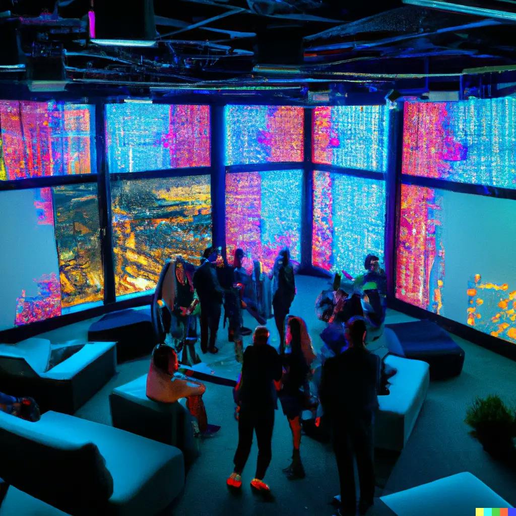 An immersive digital projection lights up the space around a diverse group of individuals. Each person is engaged in the act of learning, absorbing the glowing symbols of SEO strategy, such as site descriptions, keywords, and click-through rates, that float around them. The neon-lit holographic projections radiate a futuristic vibe, manifesting the abstract concepts of the blog post into tangible forms. It's a voyage of enlightenment and knowledge acquisition that vividly represents the principles of effective SEO strategy.