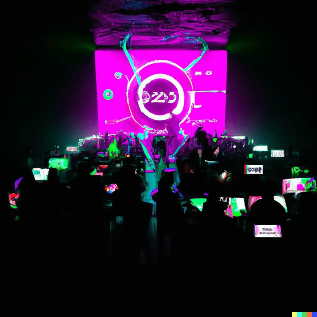 A digitally-rendered artwork, filled with neon-lit holographic projections of SEO symbols, surrounds a diverse group of people collectively engaged in learning. The image's futuristic setting symbolizes the evolution of SEO best practices and the continuous journey towards online marketing excellence.