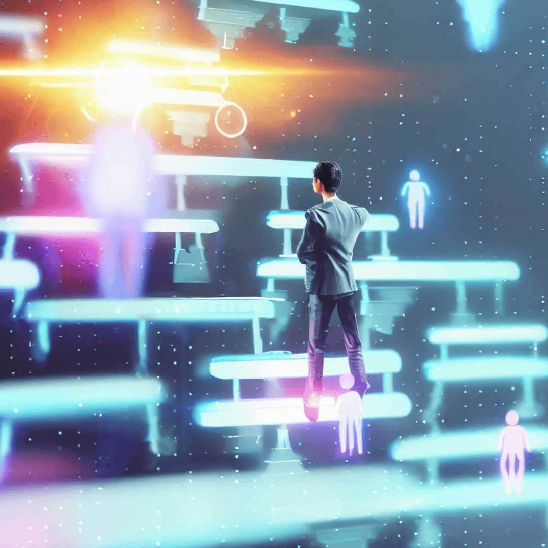 A digital marketer immersed in a holographic web interface, meticulously selecting bright keywords amidst the dimmer ones. Around him, tiny digital workers are climbing up the ranking ladder, while in the distant background, competitors are trying to catch up. The scene portrays a blend of strategy, vision, and determination, all while the digital marketer maintains a keen focus on SEO techniques for 2023.
