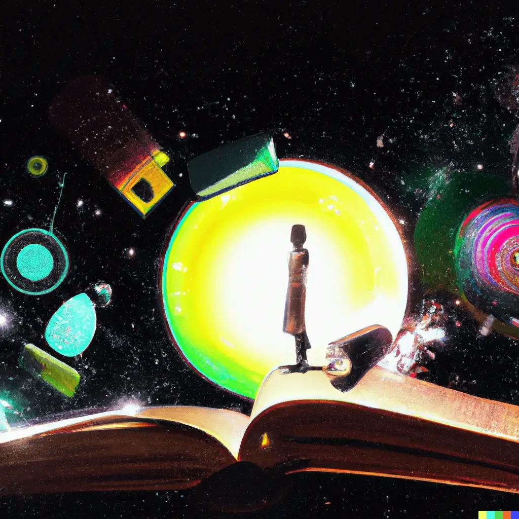 A central figure stands on a glowing pathway, engrossed in a journey of learning. Around them, neon-lit holographic images materialize, each symbolizing a unique aspect of the webpage title-content connection. An opened book signifies content, a magnifying glass represents search engines, a crowd of people symbolizes user experience, and a rising arrow embodies SEO optimization. All these images are harmoniously connected, depicting the blog post's main themes.