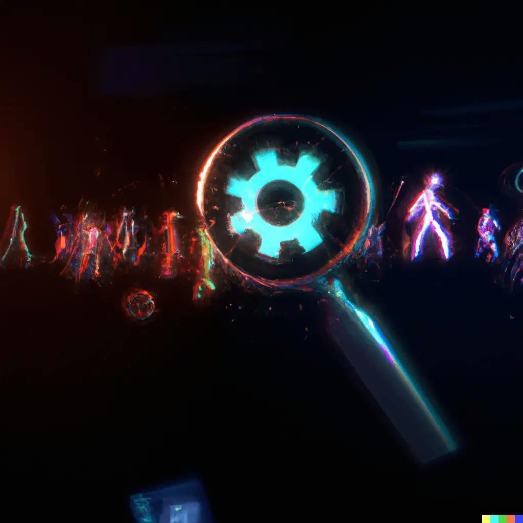A neon-lit hologram depicts symbols of search magnifying glasses, gears, and arrows, floating around a diverse group of individuals. These people, coming from different backgrounds, stand engaged in discussion, pointing at the various symbols as if decoding them. Above them, abstract visuals illustrate webpage snippets, emphasizing the importance of site descriptions. All of this takes place in a futuristic setting, emphasizing the evolving landscape of SEO.