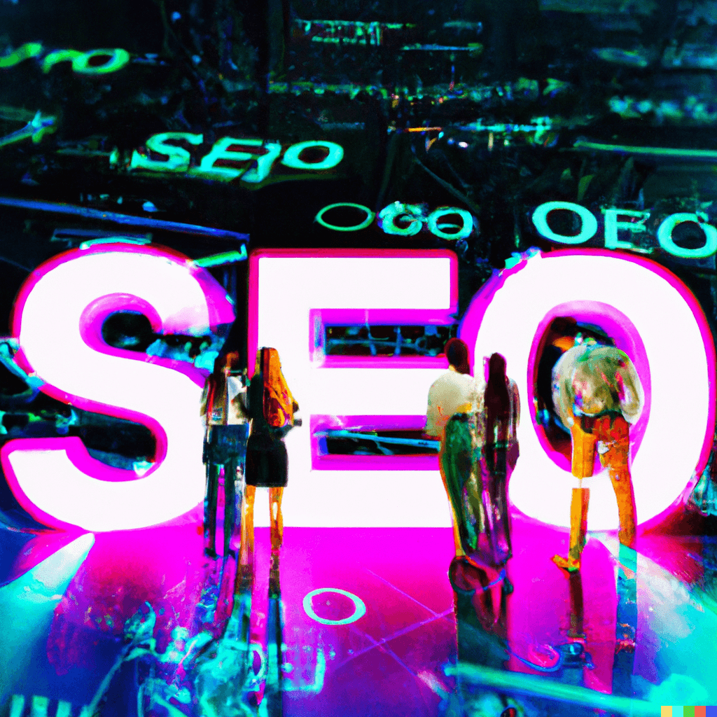 An engaging digital artwork portrays a group of diverse individuals, surrounded by vibrant, holographic symbols representing the key concepts of SEO and webpage title optimization. Illuminated in neon hues, these symbols float and intertwine, highlighting the journey of knowledge acquisition. The futuristic setting underscores the evolving nature of SEO practices.