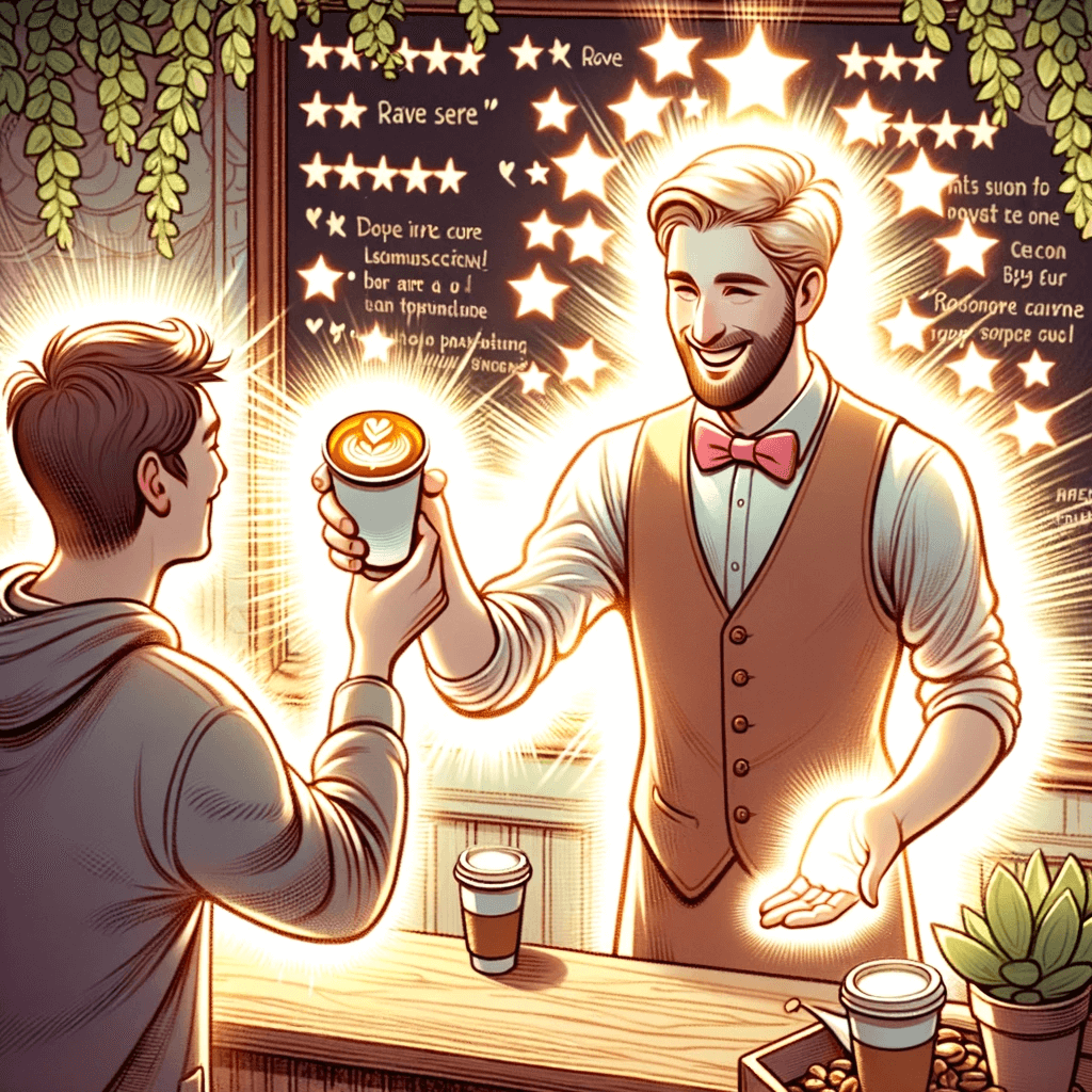 A passionate coffee shop owner in a cozy, bustling café, surrounded by a glowing aura, handing a delighted customer a latte art masterpiece, all framed by a chalkboard full of rave reviews.
