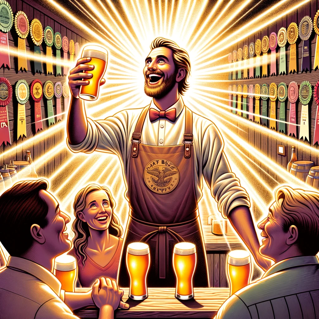 An exuberant craft brewery owner in a rustic yet modern taproom, surrounded by a glowing aura, pouring a pint of freshly-brewed IPA for an appreciative group of patrons, with award ribbons displayed prominently in the background.