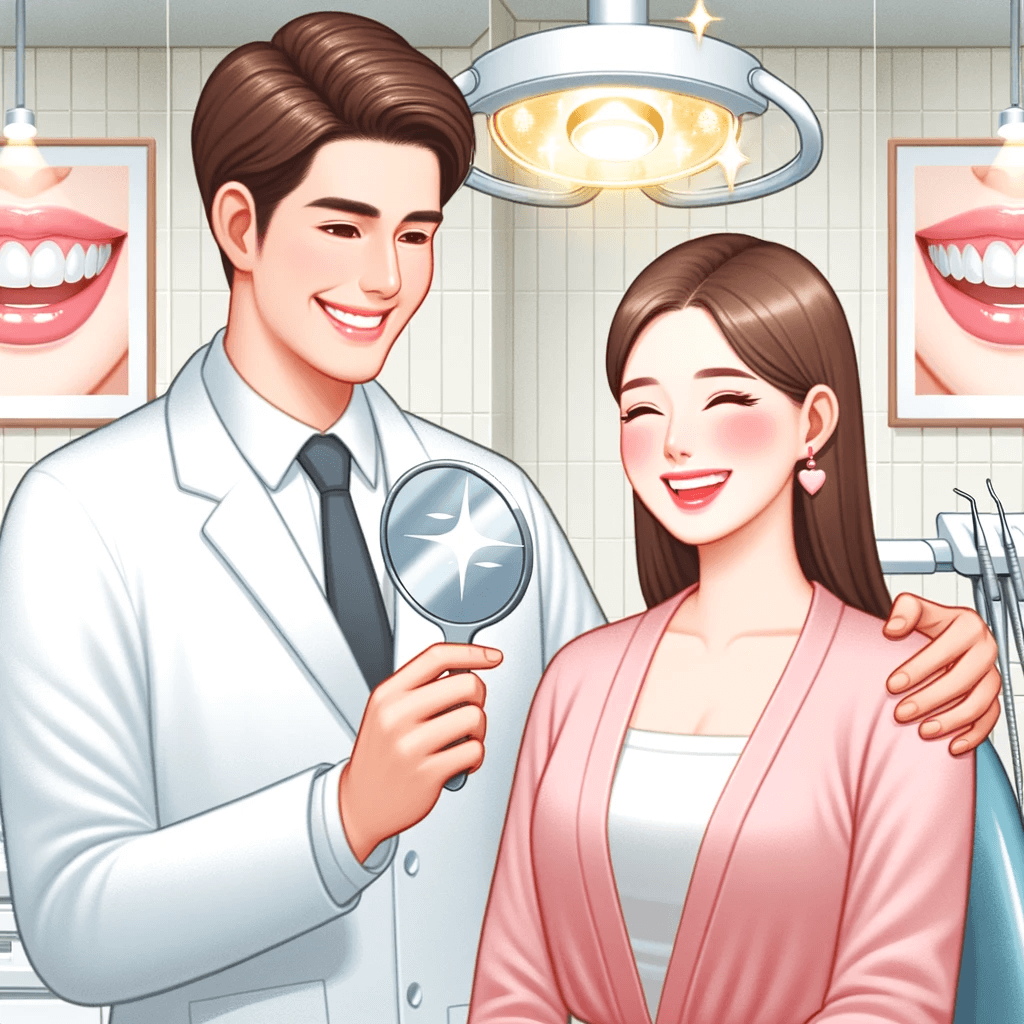 A confident dentist in a modern clinic, surrounded by a glowing aura, giving a beaming patient a mirror to admire their new smile, all while showcasing a wall of gleaming patient testimonials.