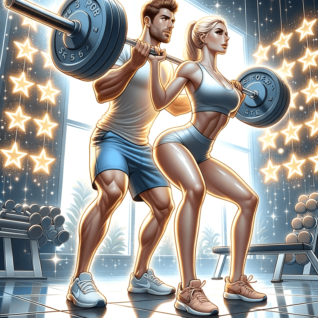 A charismatic fitness trainer in a well-equipped gym, surrounded by a glowing aura, helping an ecstatic client finally achieve a perfect handstand, all set against a backdrop of five-star online reviews.