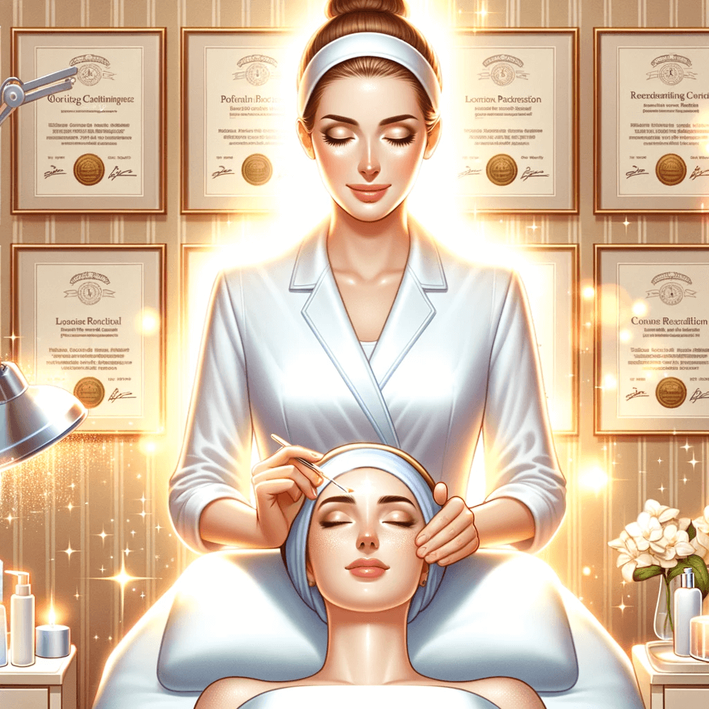 A professional med spa practitioner in a serene, luxurious setting, surrounded by a glowing aura, performing a non-invasive facial treatment on a relaxed client, all framed by a wall of certifications and glowing testimonials.