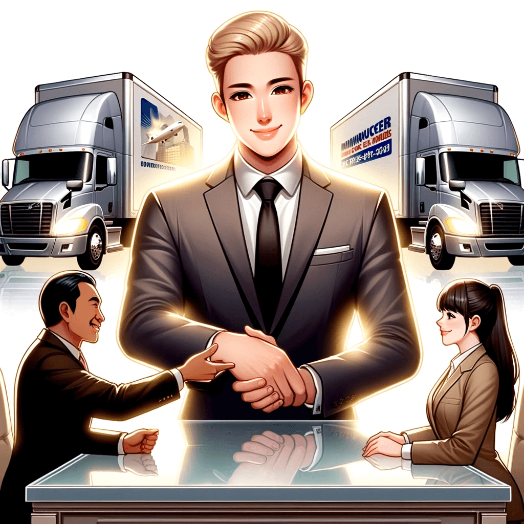 A confident moving company owner sitting at a sleek desk, surrounded by a glowing aura, shaking hands with satisfied customers and showcasing a fleet of efficient moving trucks.