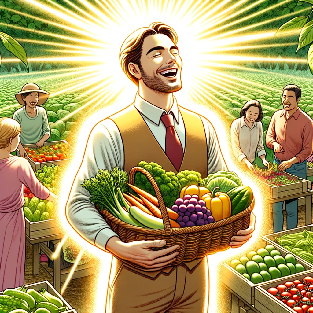 An enthusiastic organic farmer in a sunlit field, surrounded by a glowing aura, holding a basket of freshly-picked, vibrant produce, as satisfied customers browse and shop in the background.