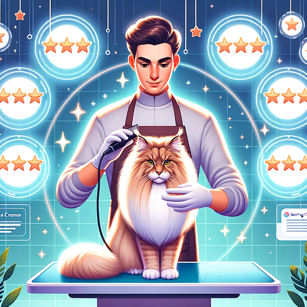 A skilled pet groomer in a clean, vibrant salon, surrounded by a glowing aura, meticulously crafting a perfect lion-cut on a relaxed Maine Coon, all while a display of glowing customer reviews shines in the background.