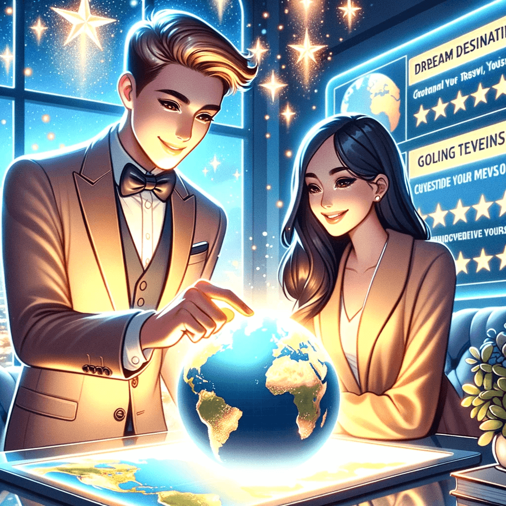 A savvy travel agent in a chic, world-themed office, surrounded by a glowing aura, pinpointing dream destinations on a globe for an awe-struck couple, all against a background of glowing customer testimonials.
