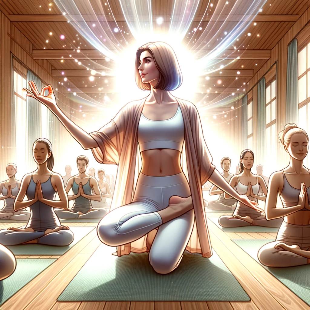 A serene yoga instructor in a tranquil studio, surrounded by a glowing aura, guiding a delighted student into a perfect Tree Pose, against a backdrop of glowing online testimonials.